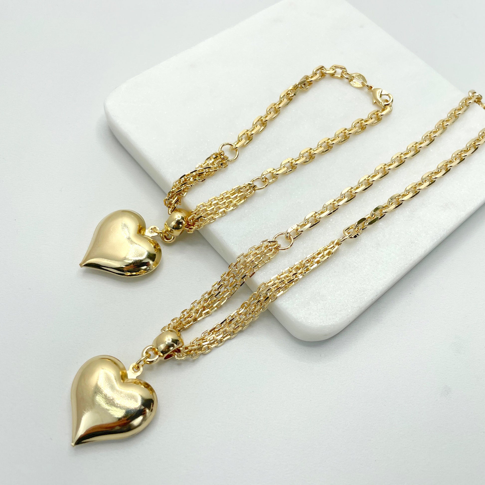 18k Gold Filled Bundle Paperclip Chains in 2mm and 4mm Necklace with Puffed 3D Hearts Charm or Bracelet, Wholesale Jewelry Making Supplies