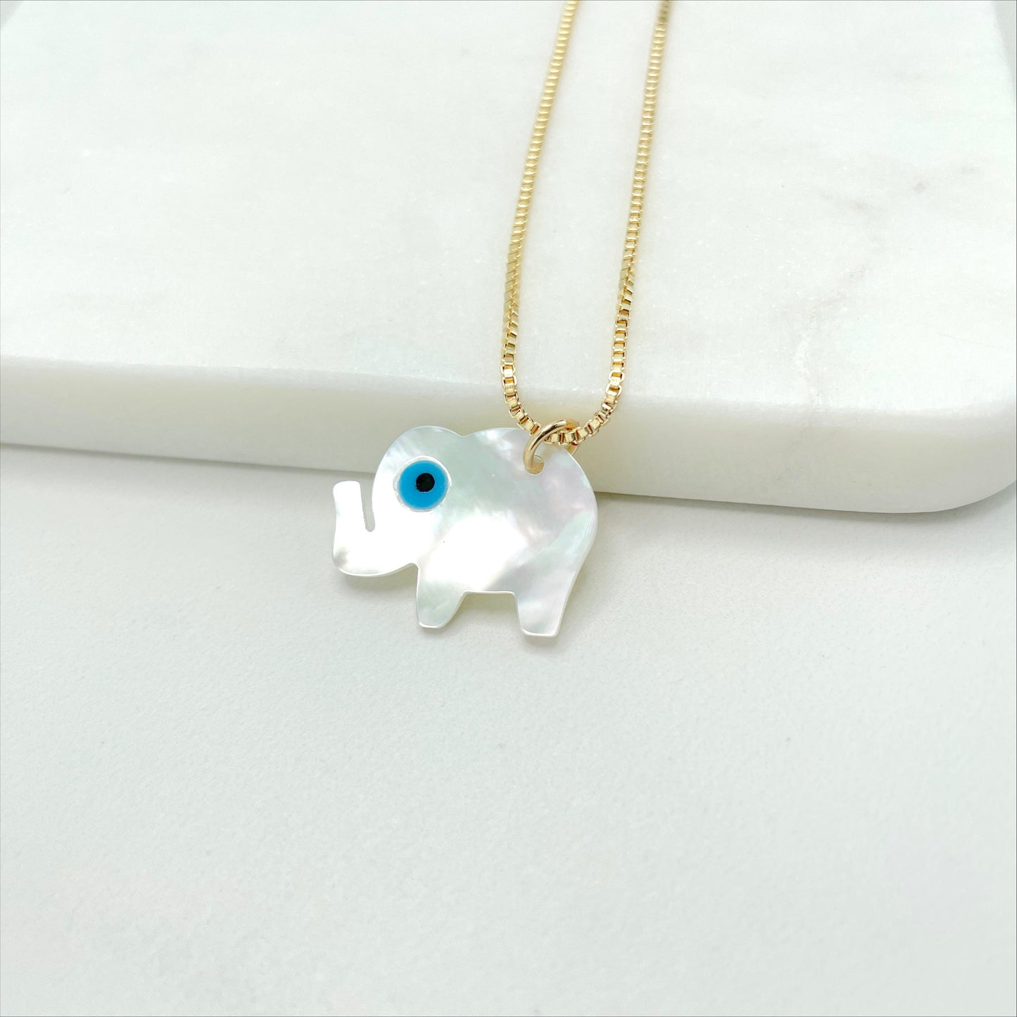 18k Gold Filled 1mm Box Chain Necklace with Elephant Madreperola Pendant and Evil Eye, Wholesale Jewelry Making Supplies