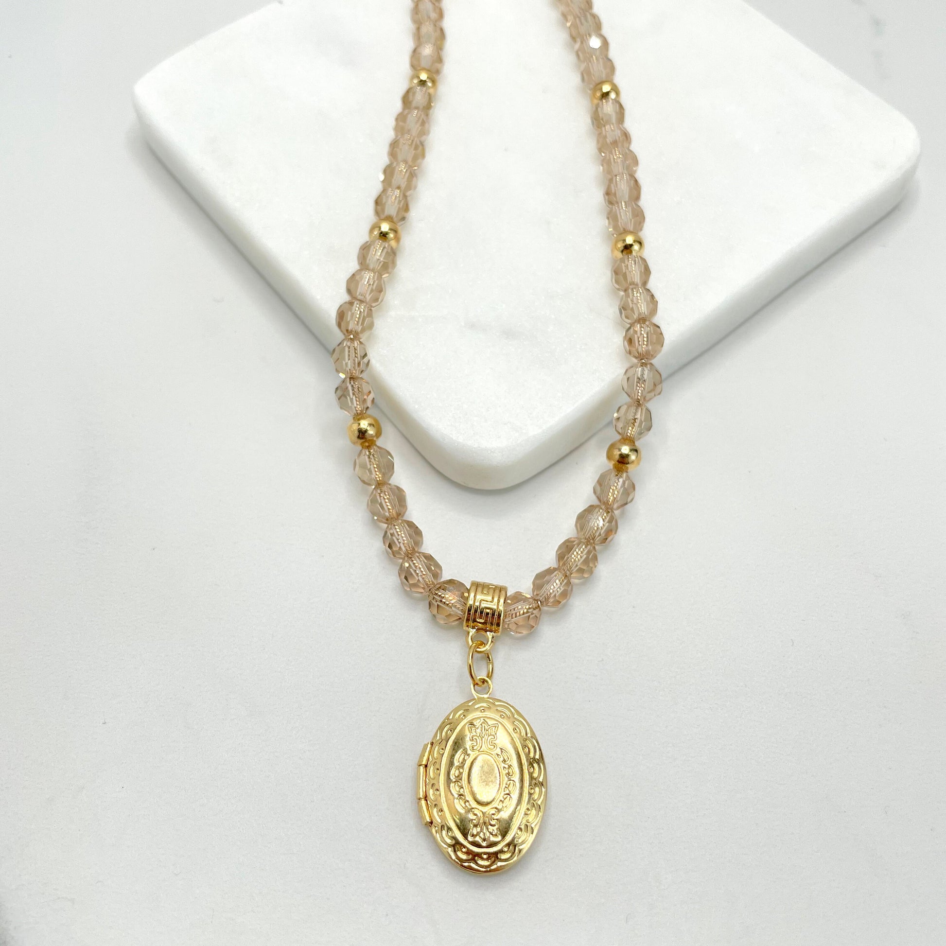 18k Gold Filled 1.4mm Spiral Chain and Clear Beige Beads Necklace with Vintage Photo Locket Pendant, Wholesale Jewelry Making Supplies