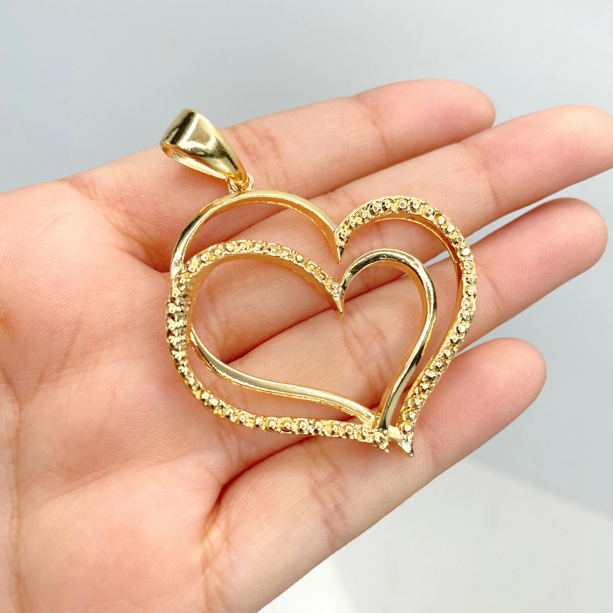 18k Gold Filled Double Hearts, Plain and Texturized, Pendant Charms, Wholesale Jewelry Making Supplies