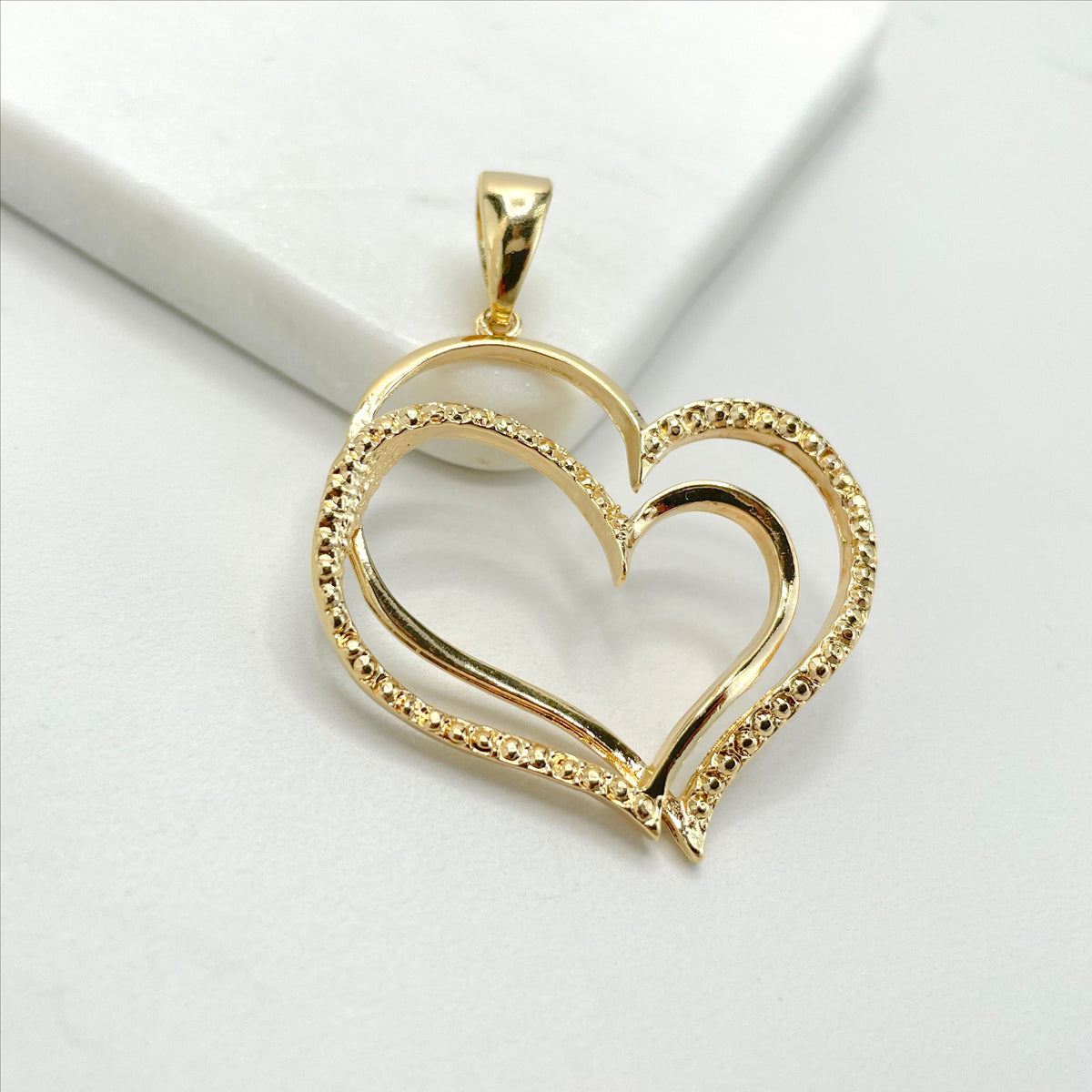 18k Gold Filled Double Hearts, Plain and Texturized, Pendant Charms, Wholesale Jewelry Making Supplies