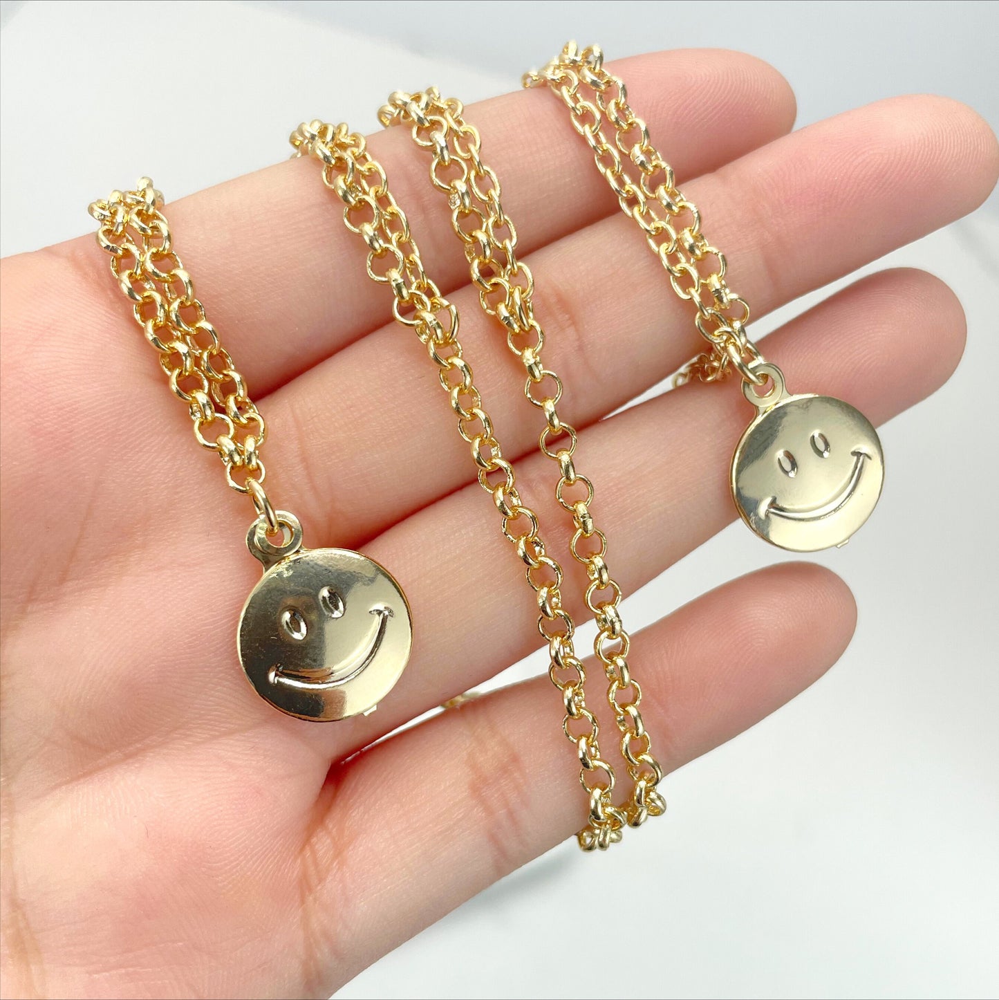 18k Gold Filled Double 3mm Rolo Chain& Oval Chain with Smile Happy Face Charms Necklace or Bracelet, Wholesale Jewelry Making Supplies