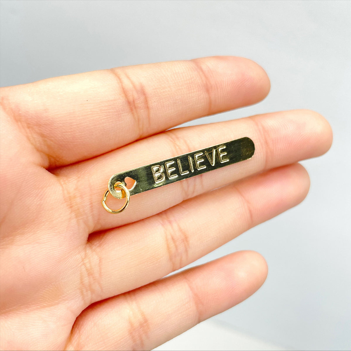 18k Gold Filled "Believe" Description Rectangular Board, Heart Hole Detail, Pendant Charms, Wholesale Jewelry Making Supplies