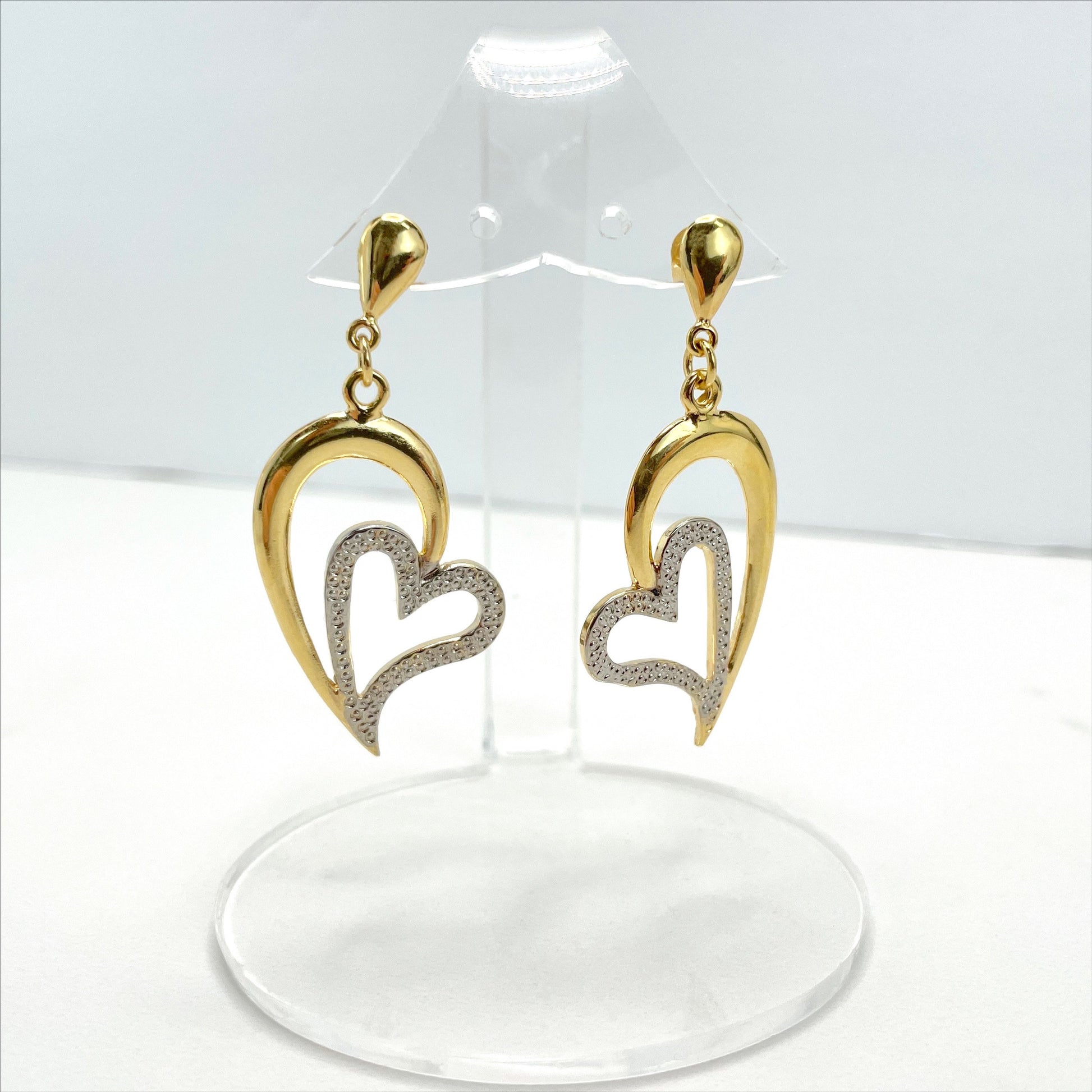 18k Gold Filled Two Tone Double Hearts Shape Design, Plain and Texturized, Drop Dangle Earrings, Wholesale Jewelry Making Supplies