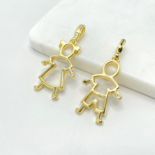 18k Gold Filled Cubic Zirconia Details Boy or Girl Shape Pendant Charms, Mother Son Daughter Kids Pendant, Wholesale Jewelry Making Supplies