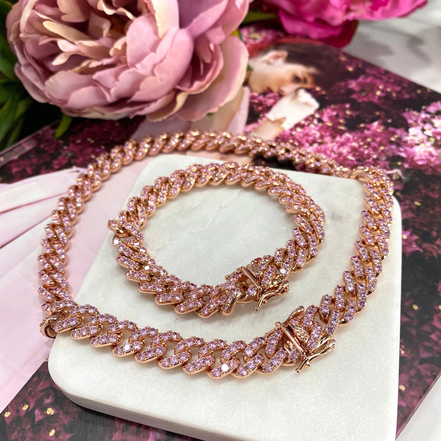 14K Rose Gold Filled 10mm Iced Miami Cuban Chain Featuring Double Safety Lock Box Cubic Zirconia, Chain or Bracelet, Wholesale Jewelry
