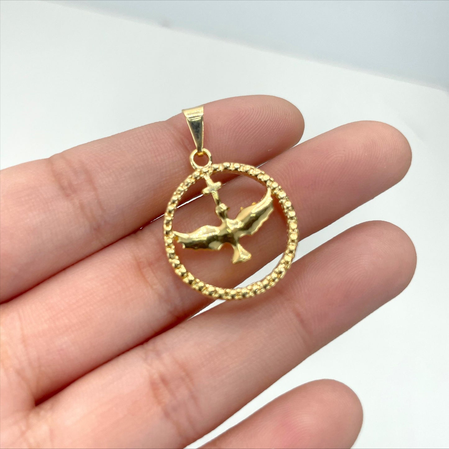 18k Gold Filled Circle Dove with Cross Charms Pendant Wholesale Jewelry Making Supplies