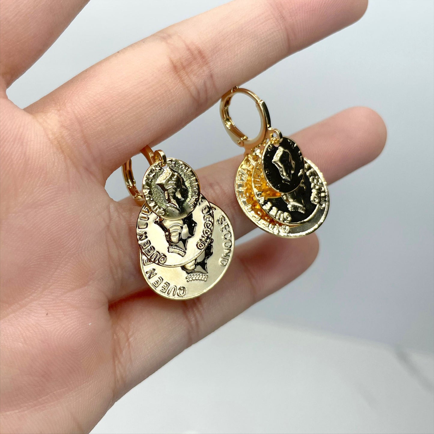18k Gold Filled Three Layers Coins, The Second Queen Elizabeth, Woman Crown, Dangle Earrings, Wholesale Jewelry Making Supplies