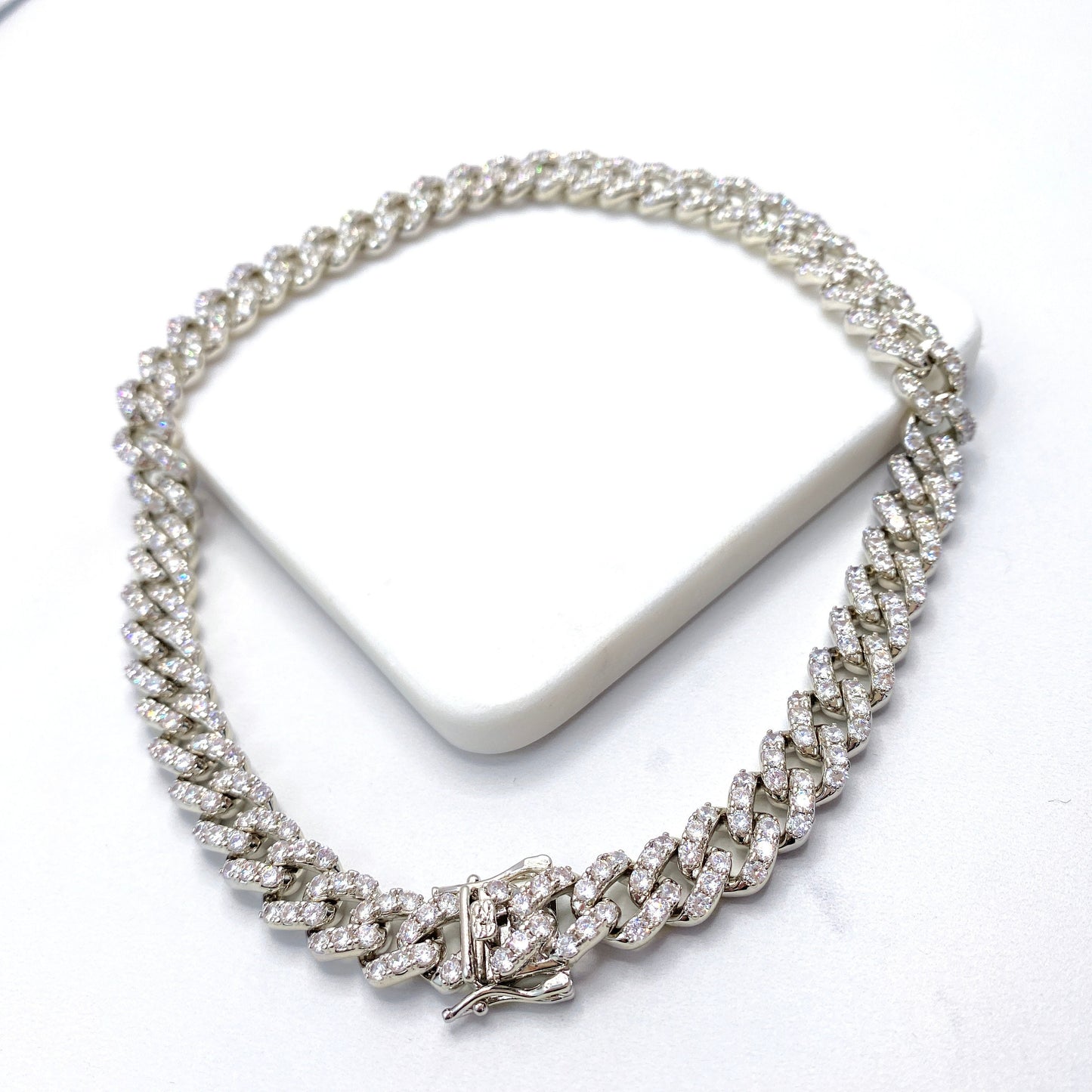 14k Gold Filled 10mm Iced Miami Cuban Chain Featuring Double Safety Lock Box Cubic Zirconia, Silver Chain or Bracelet, Wholesale Jewelry
