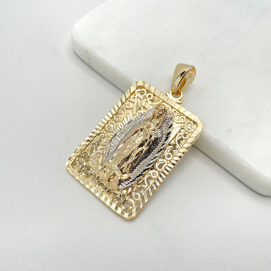 18k Gold Filled Two Tone Virgen De Guadalupe, Our Lady of Guadalupe Square Medal Pendant Charms, Wholesale Jewelry Making Supplies