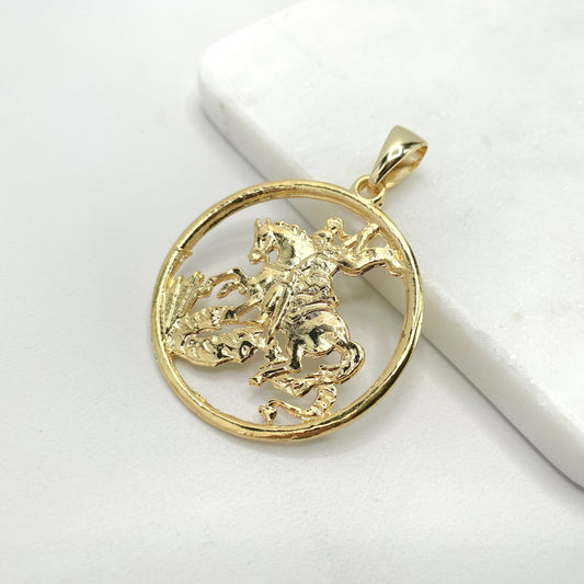18k Gold Filled Cutout Saint George The Dragon Slayer Religious Pendant Charms Round Medal,  Wholesale Jewelry Making Supplies