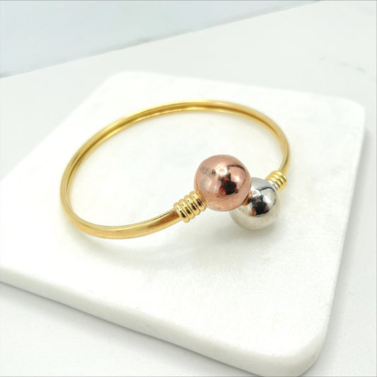 18k Gold Filled Three Tone, Tri-Color Wrist Cuff Bangle with Two Toned Balls, Wholesale Jewelry Making Supplies