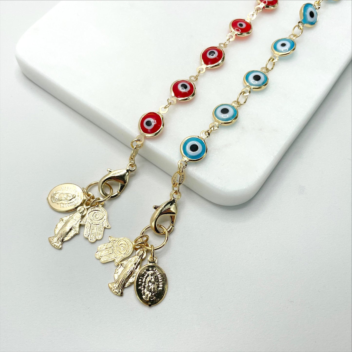 18k Gold Filled Red or Blue Evil Eyes Linked with Hamsa Hand, La Milagrosa, Virgen Guadalupe Charms Wholesale Jewelry Making Supplies