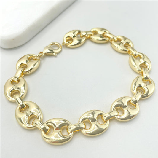 18k Gold Filled 12mm Puffy Mariner Style Link Chain Bracelet, Lobster Claw, Wholesale Jewelry Making Supplies