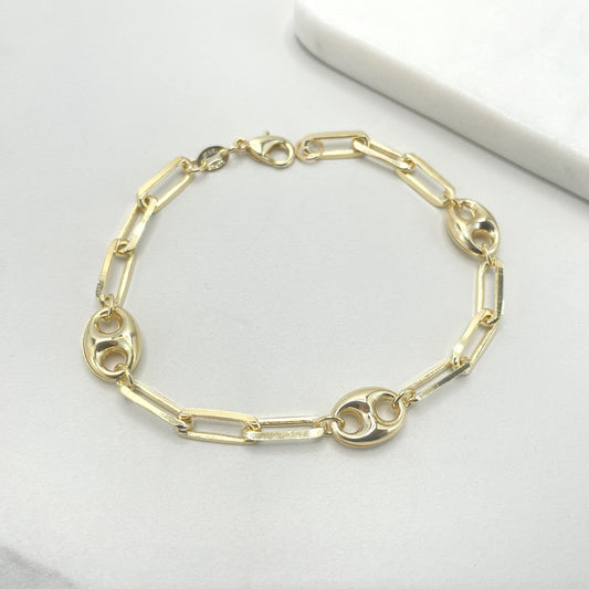 18k Gold Filled 9mm Puff Mariner Link with 6mm Paperclip Link Bracelet Wholesale Jewelry Making Supplies
