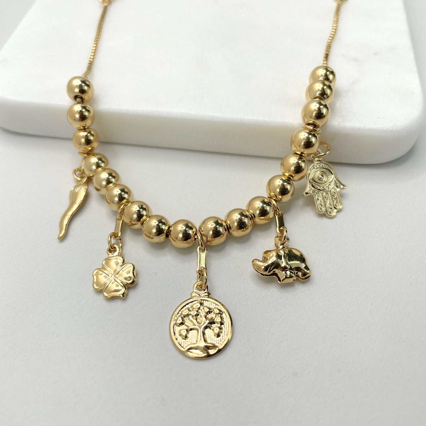 18k Gold Filled Box Chain Beads Hamsa Hand, Elephant, Tree Life, Clover, Chili Charms Lucky & Protection Bracelet Wholesale Jewelry Supplies