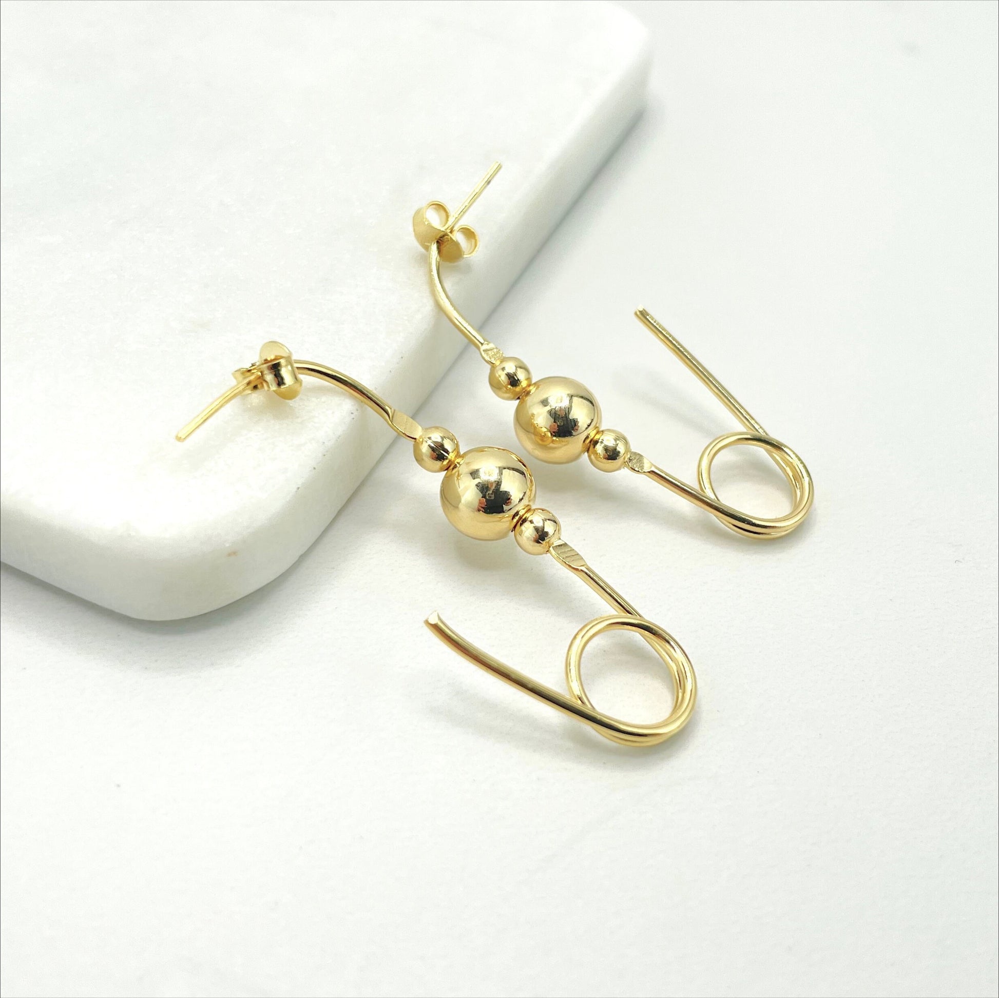 18k Gold Filled Safety Pin Design Drop Earrings With Gold Ball, Push Back Closure, Wholesale Jewelry Making Supplies
