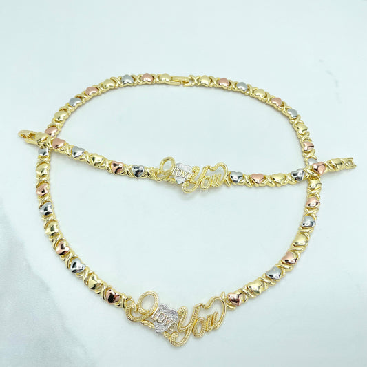 18k Gold Filled Three Tone, Three - Color "I Love You" Heart, XoXo Hug & Kisses Shape Set, Necklace and Bracelet, Wholesale Jewelry Supplies