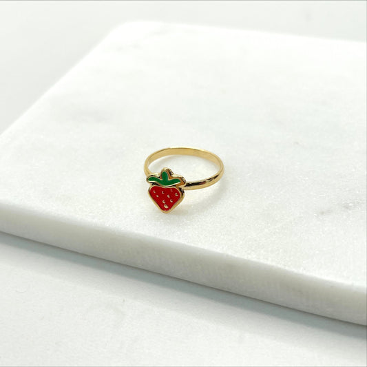 18k Gold Filled Enamel Colored Strawberry Rings for Kids Children Toddler Wholesale Jewelry Making Supplies