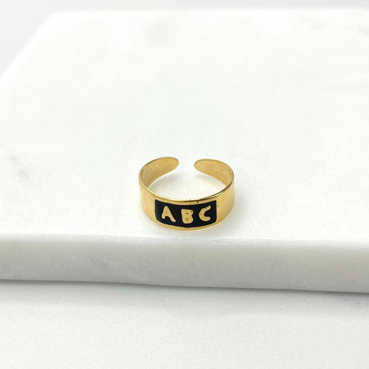 18k Gold Filled Black Enamel ABC Description Letters Adjustable Ring for Kids Children Toddler Wholesale Jewelry Making Supplies