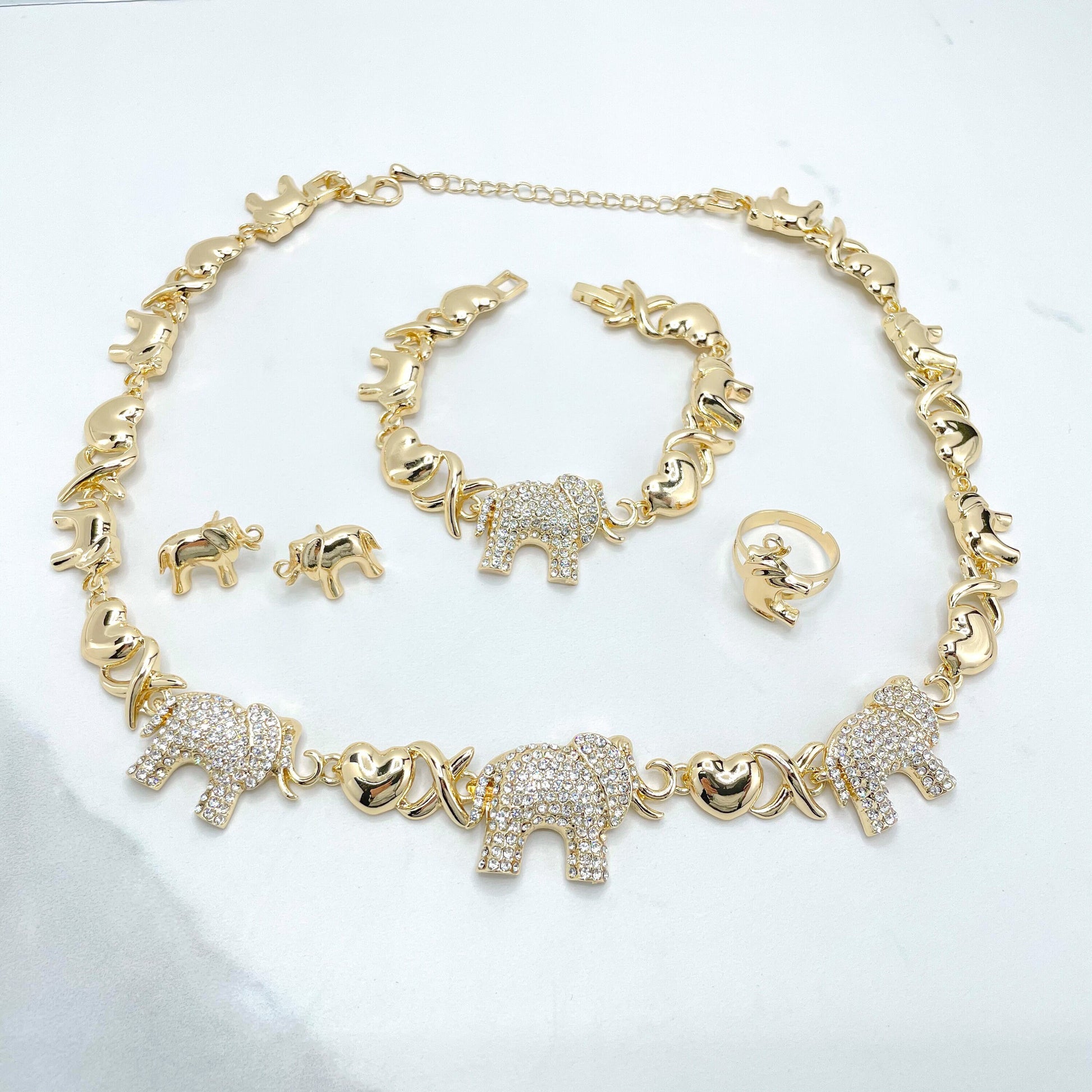 18k Gold Filled Cubic Zirconia Elephant with XoXo Hug and Kisses Link Shape Set, 04 Pieces, Wholesale Jewelry Making Supplies