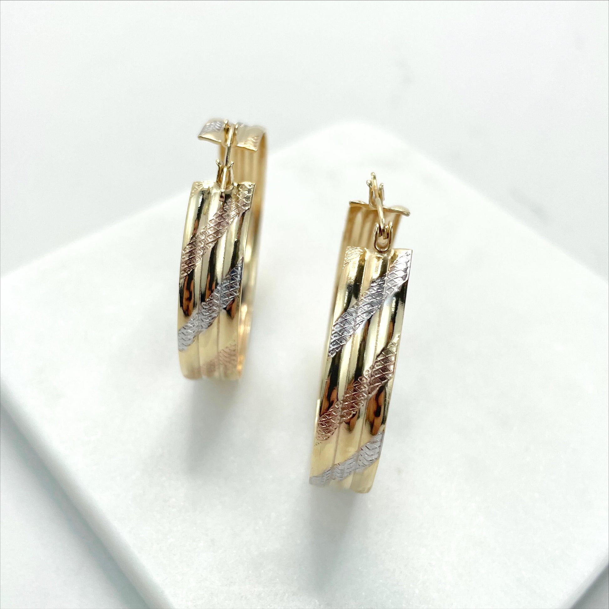 18k White or Gold Filled Two Tone Texturized 37mm x 42mm Hoop Earrings Wholesale Jewelry Supplies