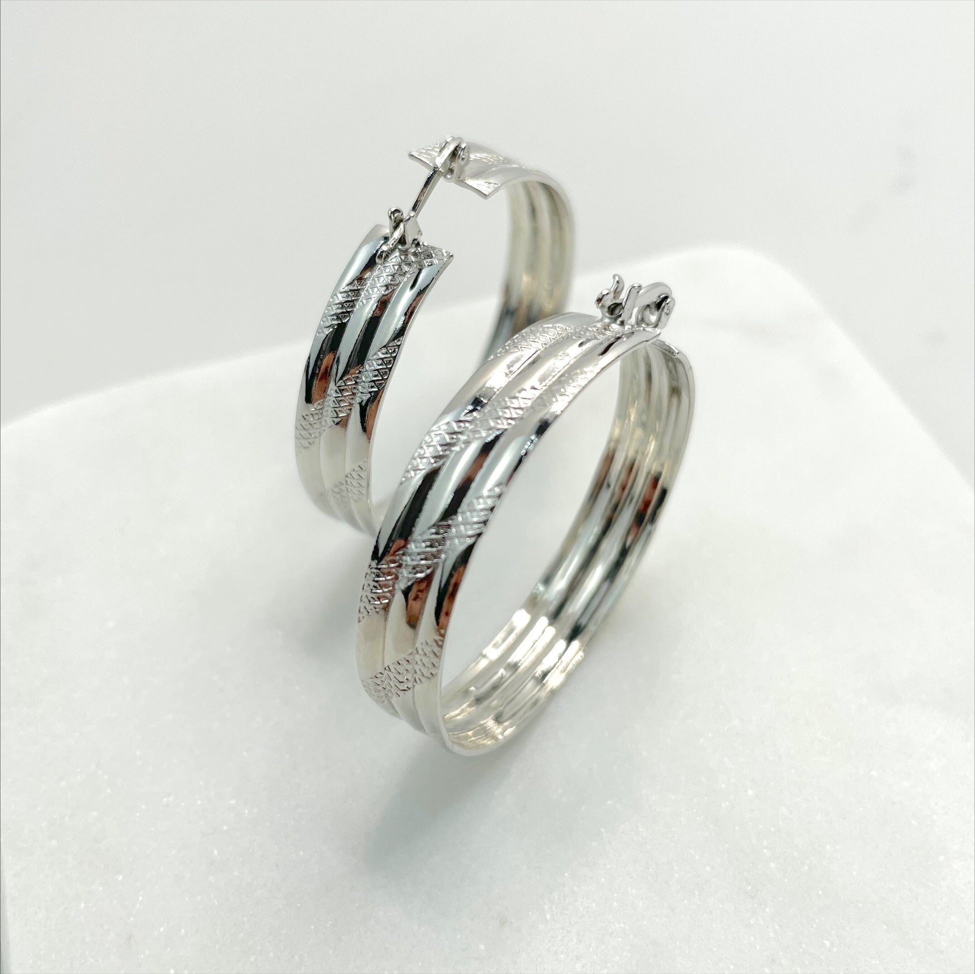 18k White or Gold Filled Two Tone Texturized 37mm x 42mm Hoop Earrings Wholesale Jewelry Supplies