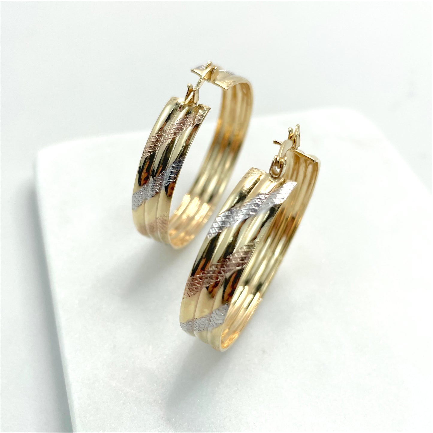 18k White or Gold Filled Two Tone Texturized 37mm x 42mm Hoop Earrings Wholesale Jewelry Supplies