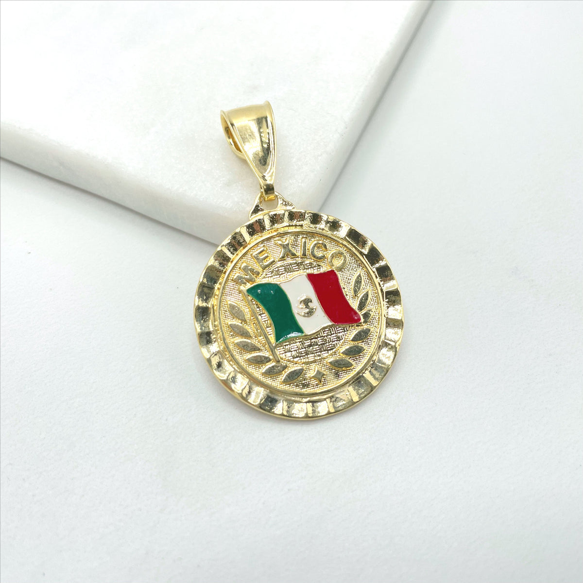 18k Gold Filled Texturized Mexico Flag Colored Medal Pendant Charms, Only Flag or Flag with Name, Wholesale Jewelry Making Supplies