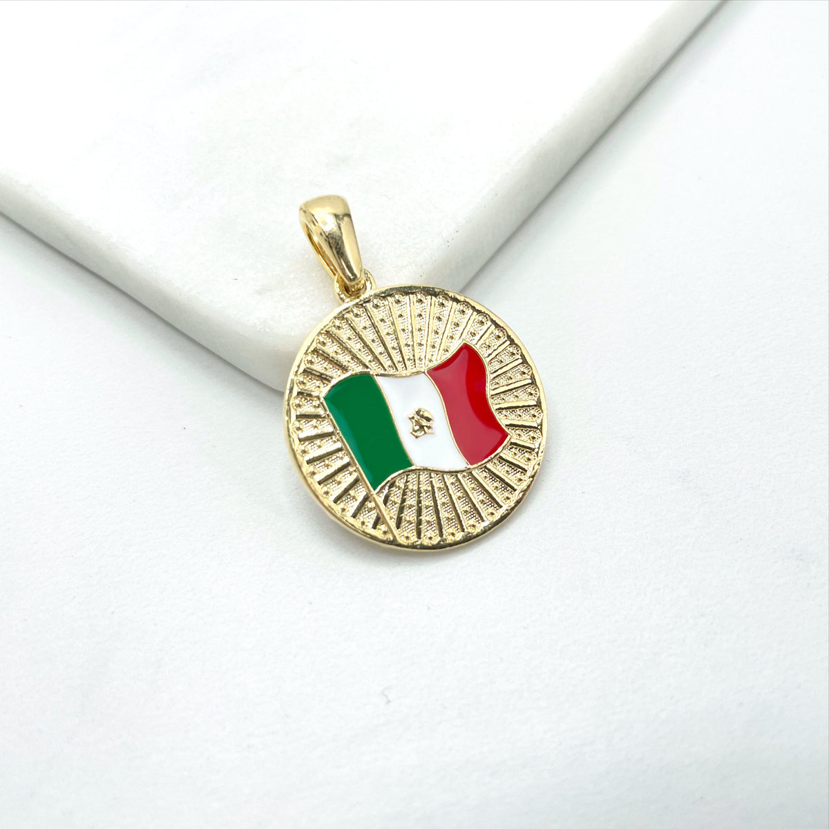 18k Gold Filled Texturized Mexico Flag Colored Medal Pendant Charms, Only Flag or Flag with Name, Wholesale Jewelry Making Supplies