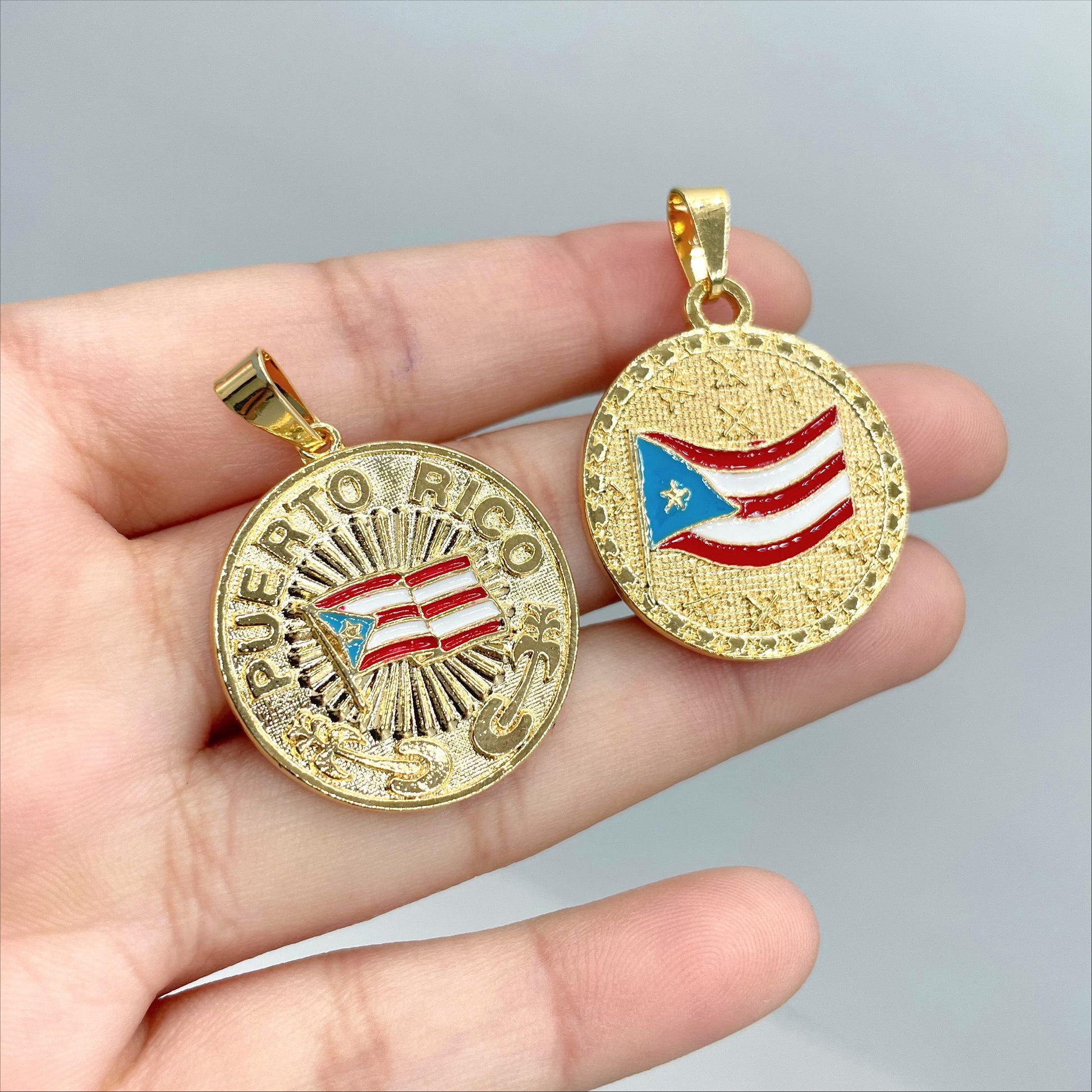 18k Gold Filled Texturized Puerto Rico Colored Medal Flag Pendant Charms, Flag with Name or Flag with Stars, Wholesale Jewelry Supplies