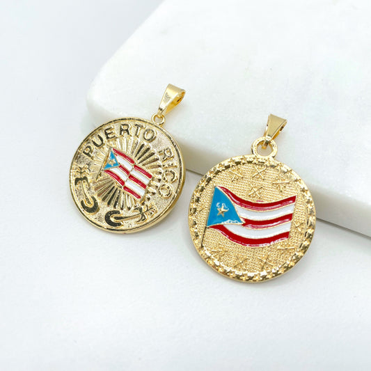 18k Gold Filled Texturized Puerto Rico Colored Medal Flag Pendant Charms, Flag with Name or Flag with Stars, Wholesale Jewelry Supplies