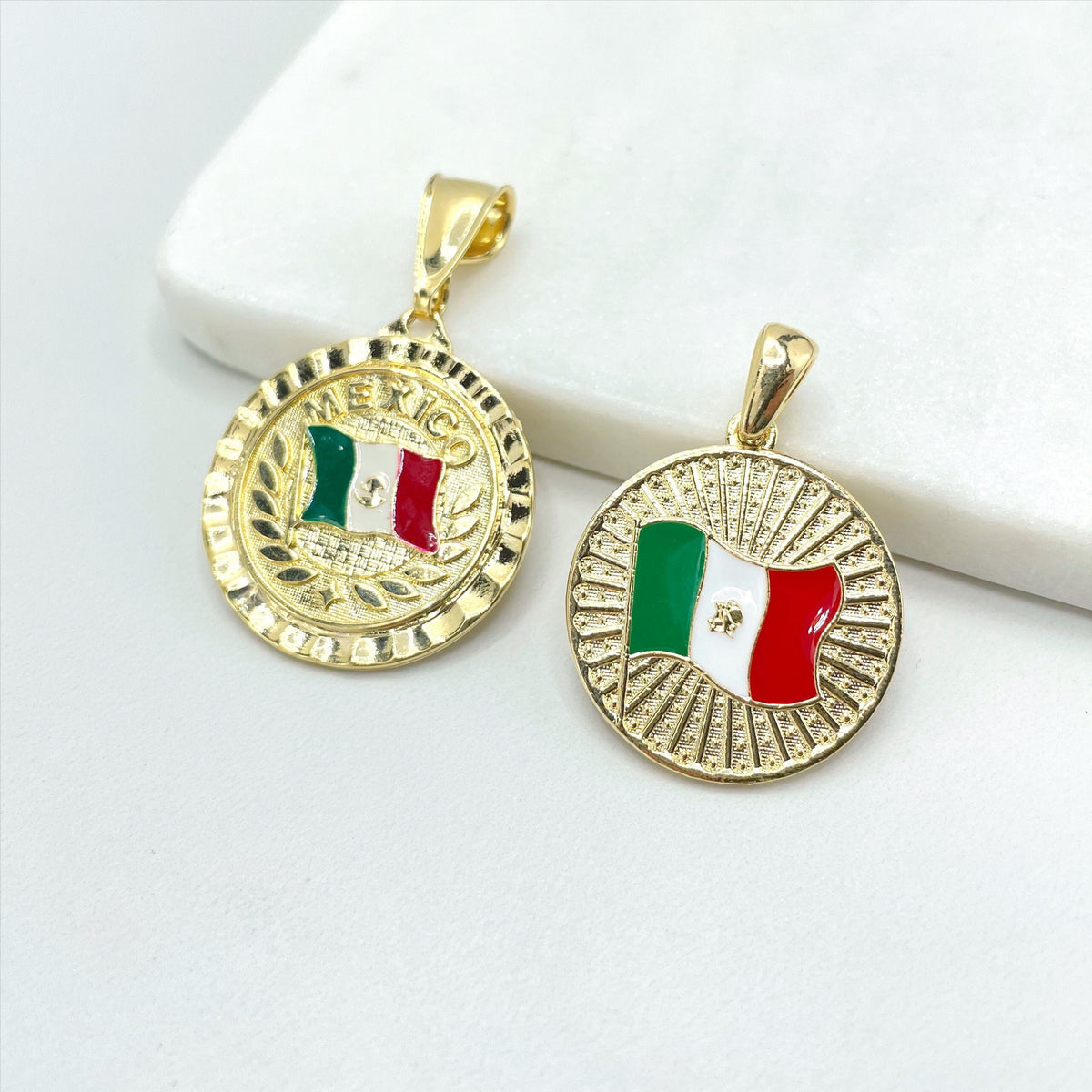18k Gold Filled Texturized Mexico Flag Colored Medal Pendant Charms, Only Flag or Flag with Name, Wholesale Jewelry Making Supplies