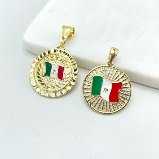 18k Gold Filled Texturized Mexico Flag Colored Medal Pendant Charms, Only Flag or Flag with Name, Wholesale Jewelry Making Supplies