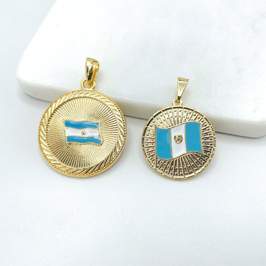 18k Gold Filled Texturized El Salvador or Guatemala Colored Medal Flags, Pendant Charms, Wholesale Jewelry Making Supplies