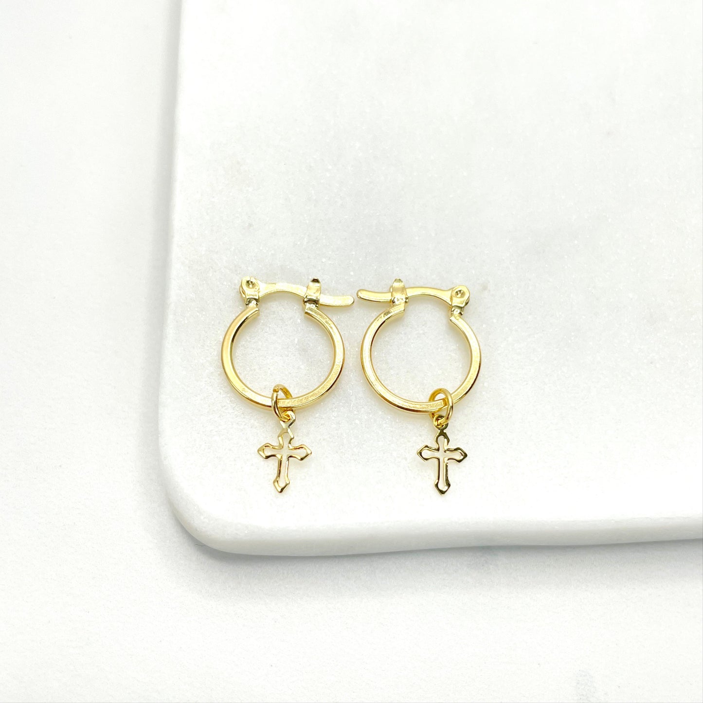 18k Gold Filled 14mm Hoop Earrings with Cutout Cross Charms Wholesale Jewelry Making Supplies