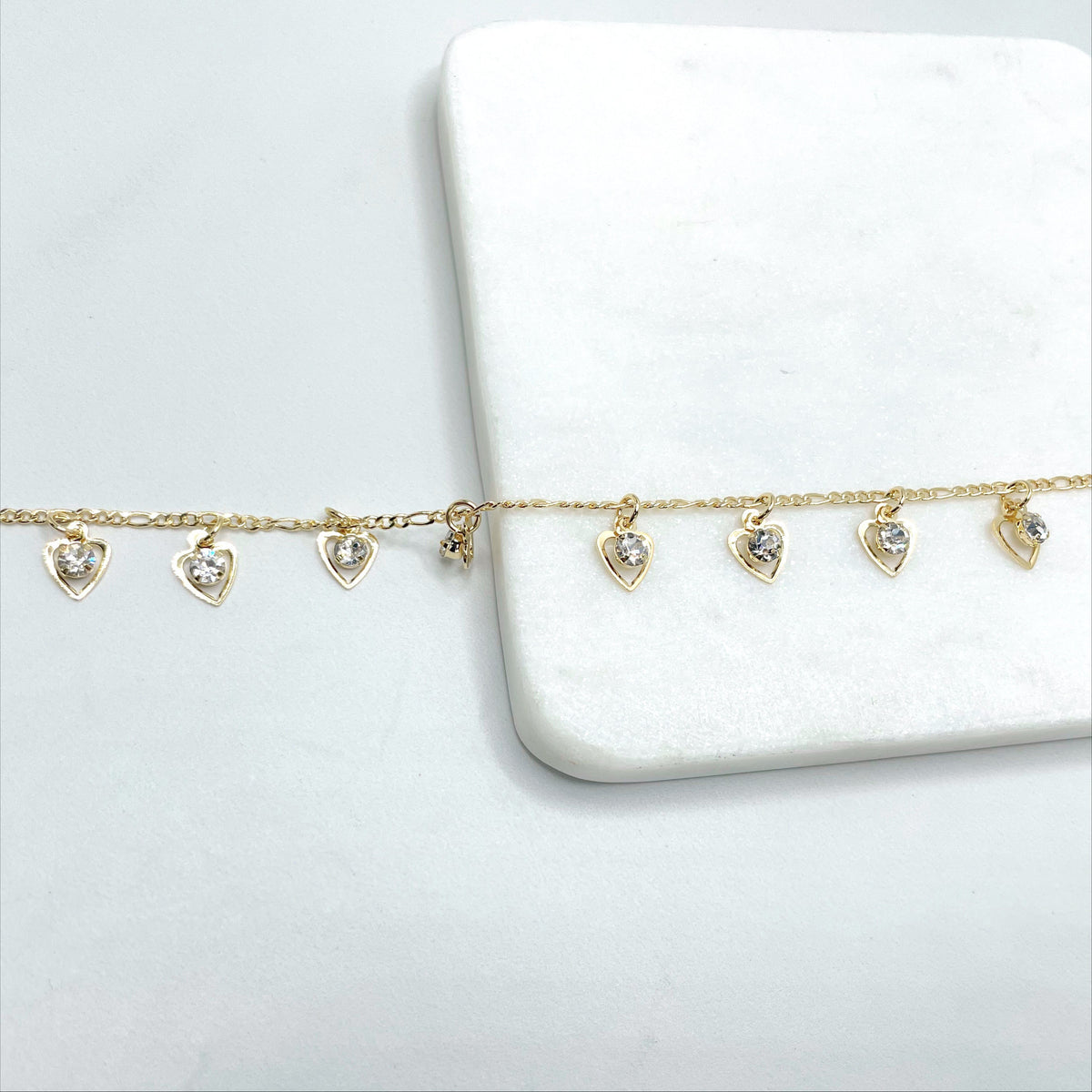 18k Gold Filled 2mm Figaro Chain with Dangles Cubic Zirconia and Delicate Hearts Anklet, Romantic Jewelry, Wholesale Jewelry Making Supplies