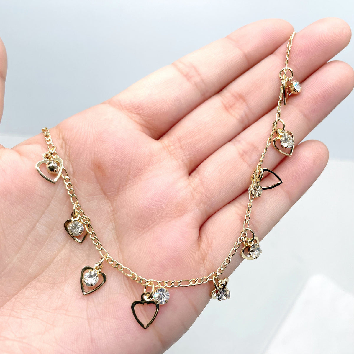 18k Gold Filled 2mm Figaro Chain with Dangles Cubic Zirconia and Delicate Hearts Anklet, Romantic Jewelry, Wholesale Jewelry Making Supplies