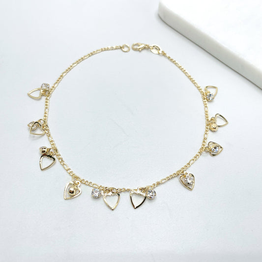 18k Gold Filled 2mm Figaro Chain with Dangles Cubic Zirconia and Delicate Hearts Anklet, Romantic Jewelry, Wholesale Jewelry Making Supplies