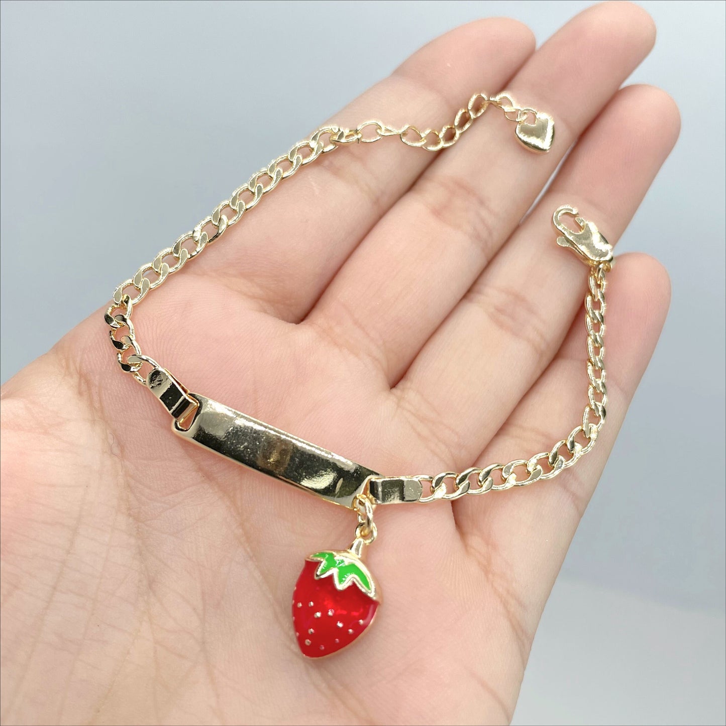 18k Gold Filled Cuban Link Chain with Colored Enamel Strawberry Charm, ID Kids Children Bracelet, Wholesale Jewelry Making Supplies