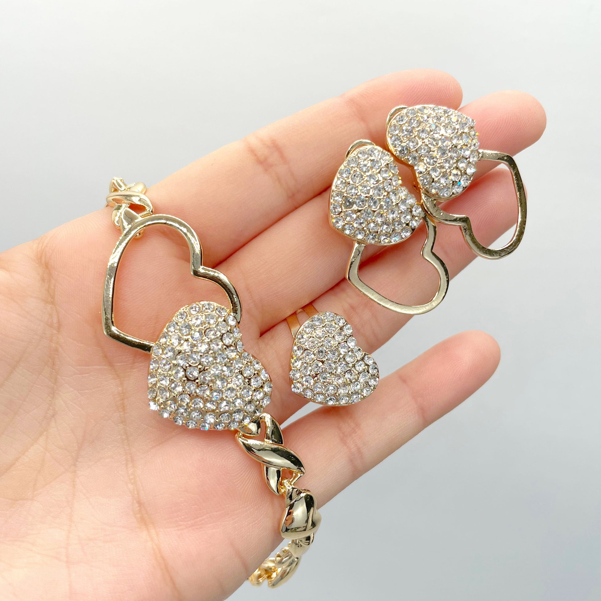 18k Gold Filled Double Hearts with Cubic Zirconia, XoXo Hug and Kisses Shape Set, 04 Pieces, Wholesale Jewelry Making Supplies