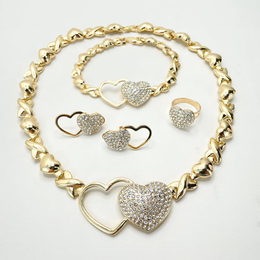18k Gold Filled Double Hearts with Cubic Zirconia, XoXo Hug and Kisses Shape Set, 04 Pieces, Wholesale Jewelry Making Supplies