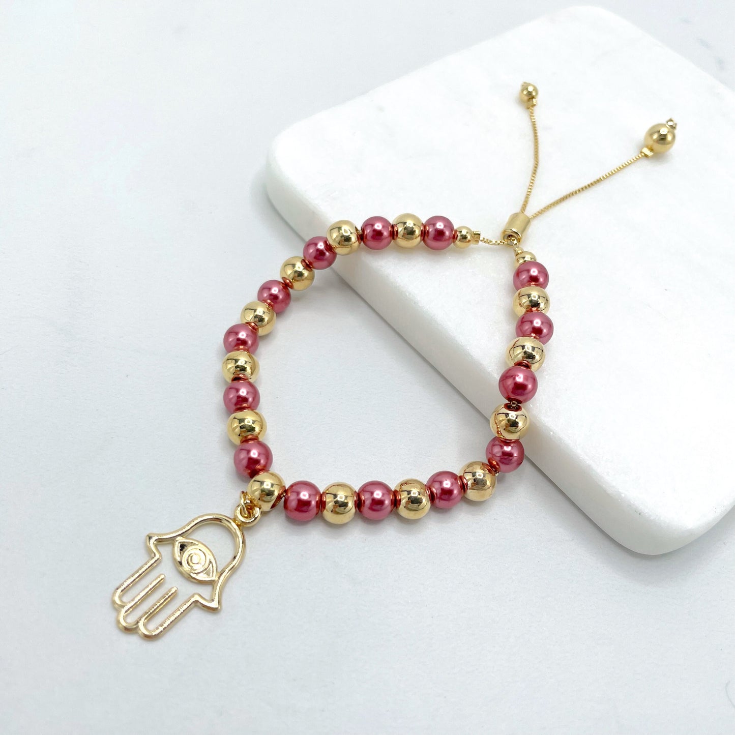 18k Gold Filled 1mm Box Chain with Pink & Gold Beads, Gold Hamsa Hand Charm, Adjustable Beaded Bracelet, Wholesale Jewelry Making Supplies