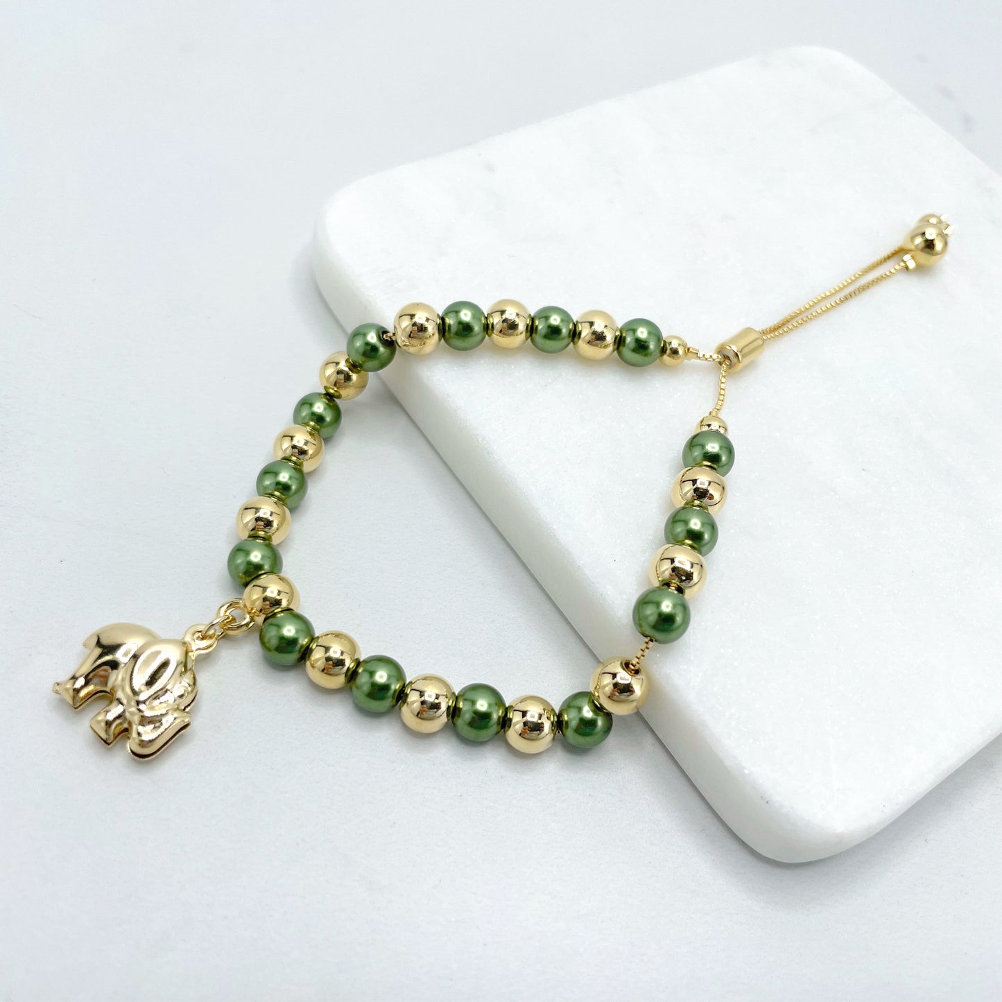 18k Gold Filled 1mm Box Chain with Green & Gold Beads, Elephant Charms, Adjustable Beaded Bracelet, Wholesale Jewelry Making Supplies