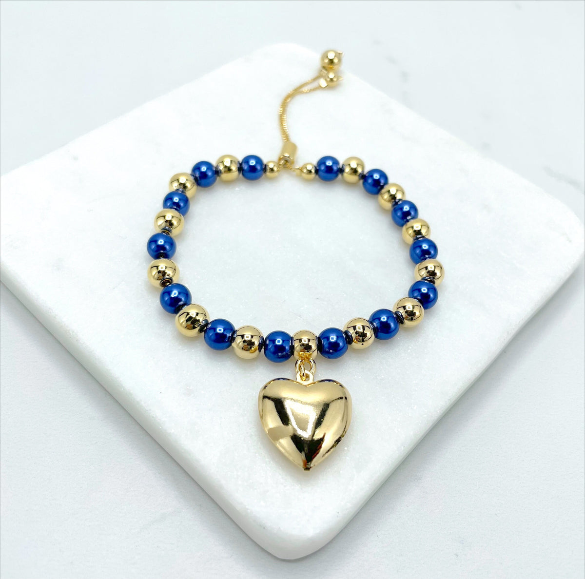 18k Gold Filled 1mm Box Chain with Blue & Gold Beads, Gold Heart Charm, Adjustable Beaded Bracelet, Wholesale Jewelry Making Supplies