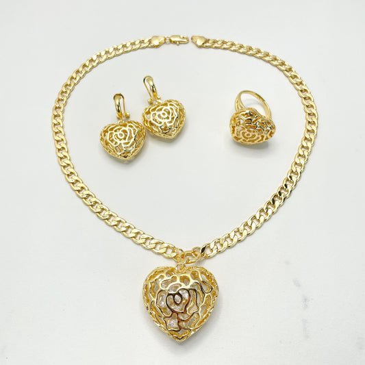 18k Gold Filled with Rattle Stones inside of Hearts Charms Set, Necklace, Earrings and Ring, 03 Pieces, Wholesale Jewelry Making Supplies