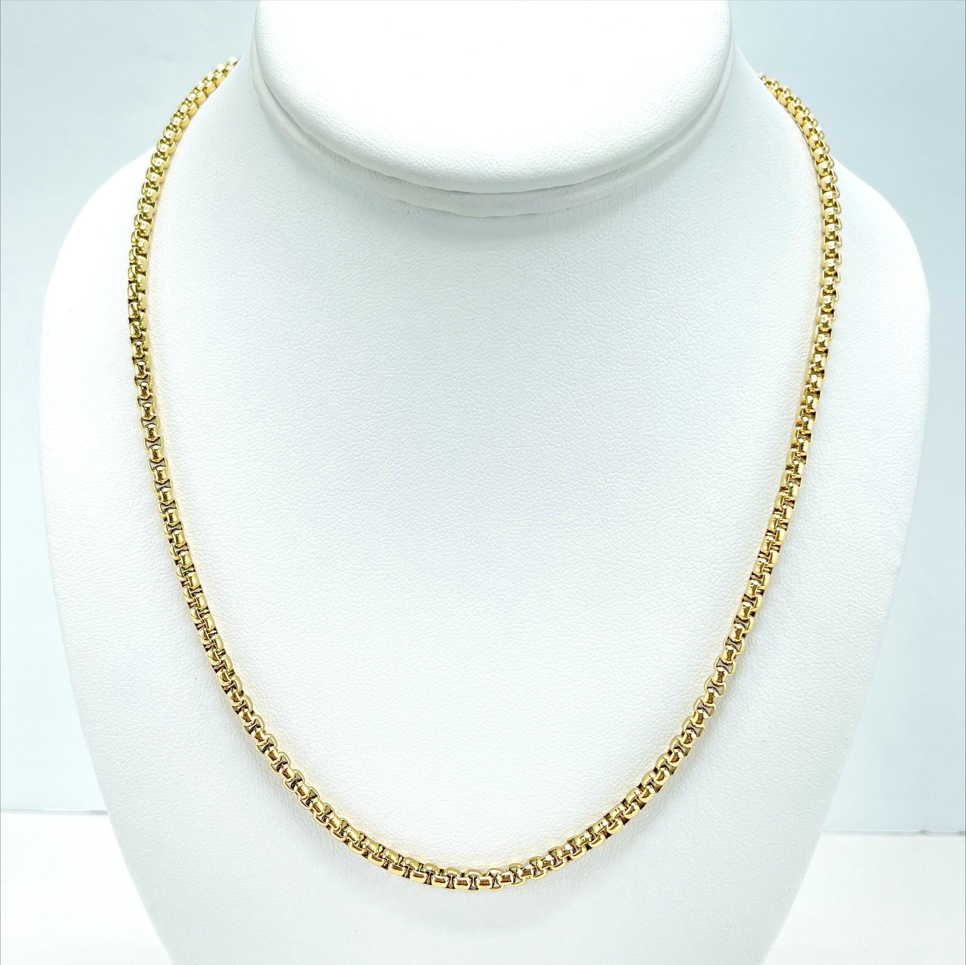14k Gold Plated On Stainless Steel 3mm Box Chain Link Necklace 24" Long, Unisex Chain, Wholesale Jewelry Making Supplies