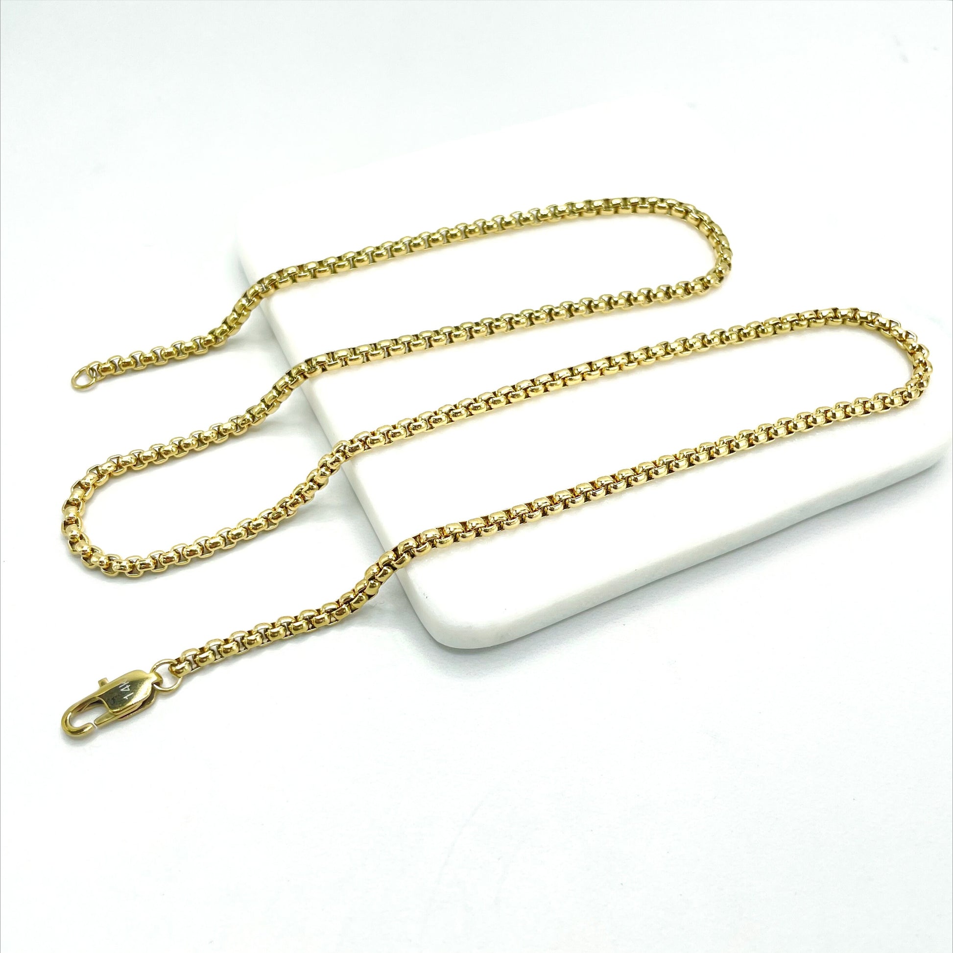 14k Gold Plated On Stainless Steel 3mm Box Chain Link Necklace 24" Long, Unisex Chain, Wholesale Jewelry Making Supplies