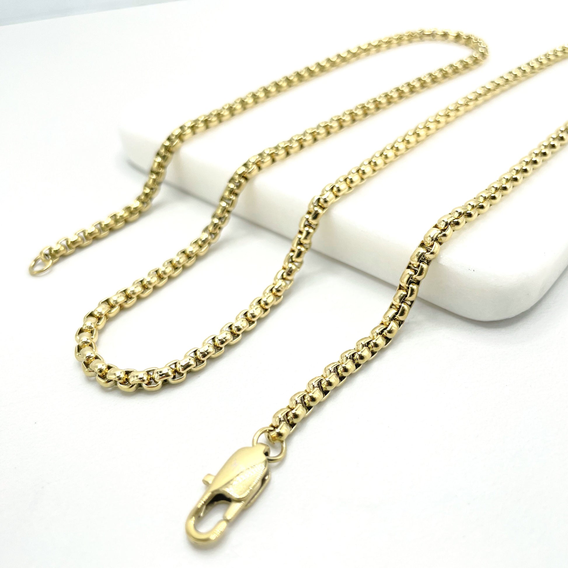 14k Gold Plated On Stainless Steel 3mm Box Chain Link Necklace 24" Long, Unisex Chain, Wholesale Jewelry Making Supplies