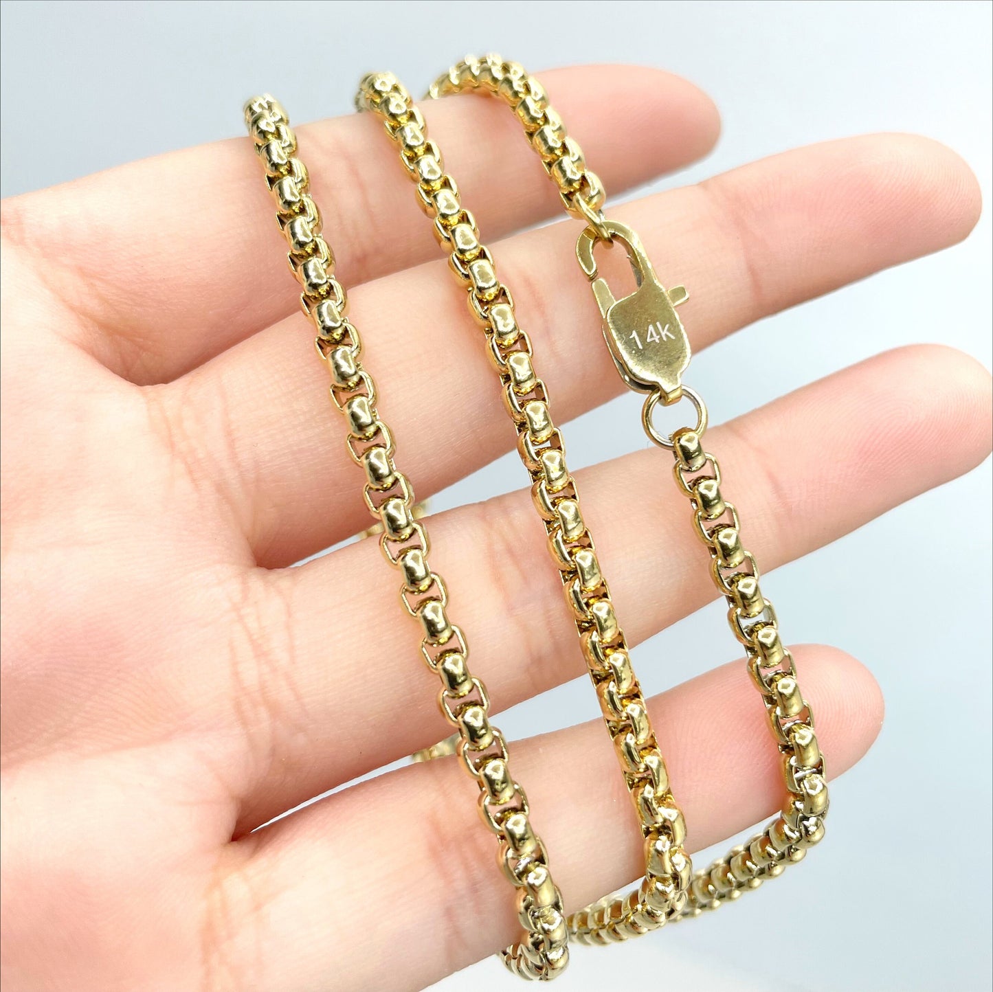 14k Gold Plated On Stainless Steel 3mm Box Chain Link Necklace 24" Long, Unisex Chain, Wholesale Jewelry Making Supplies